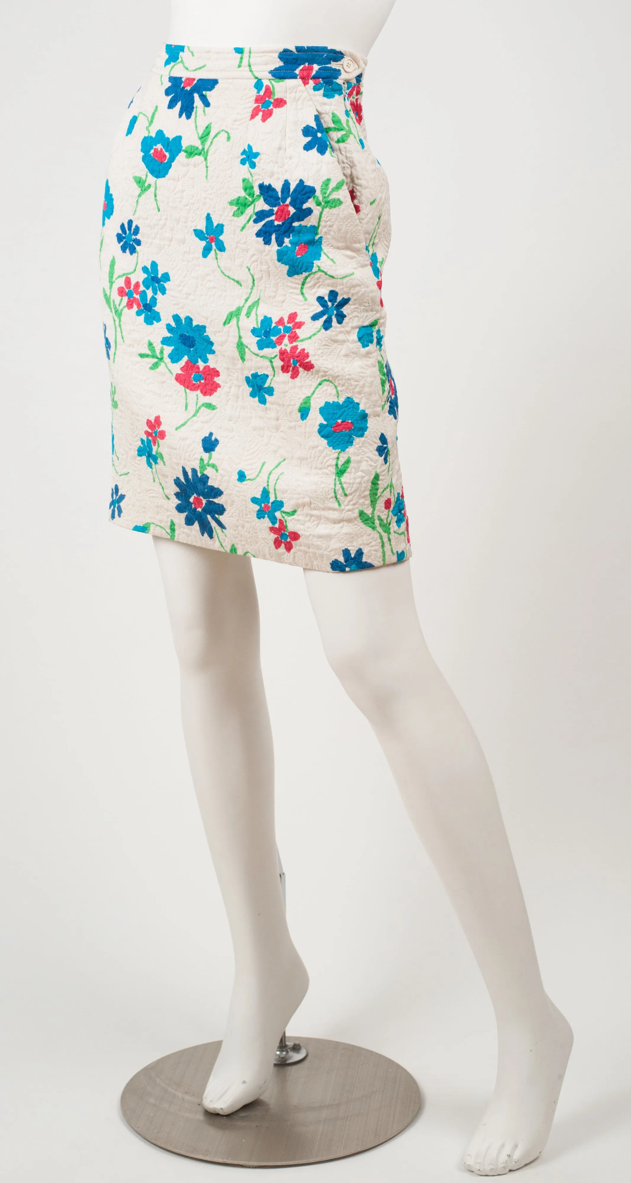 1996 S/S Floral White Quilted Cotton & Wool Pencil Skirt