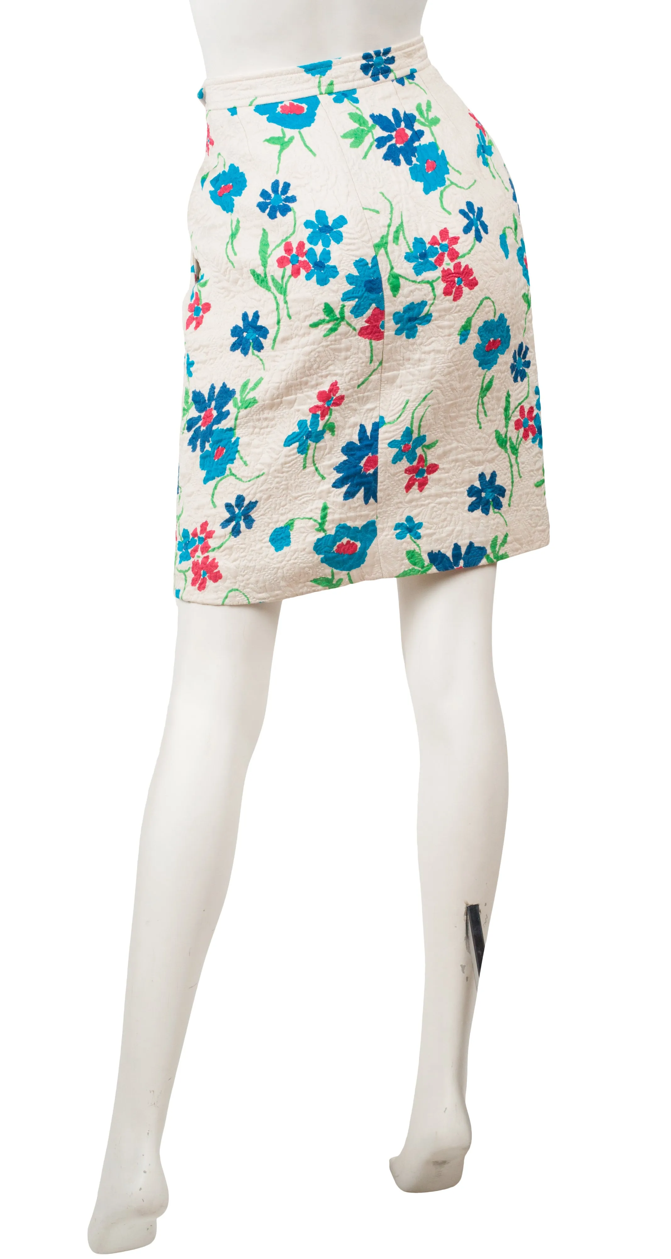 1996 S/S Floral White Quilted Cotton & Wool Pencil Skirt