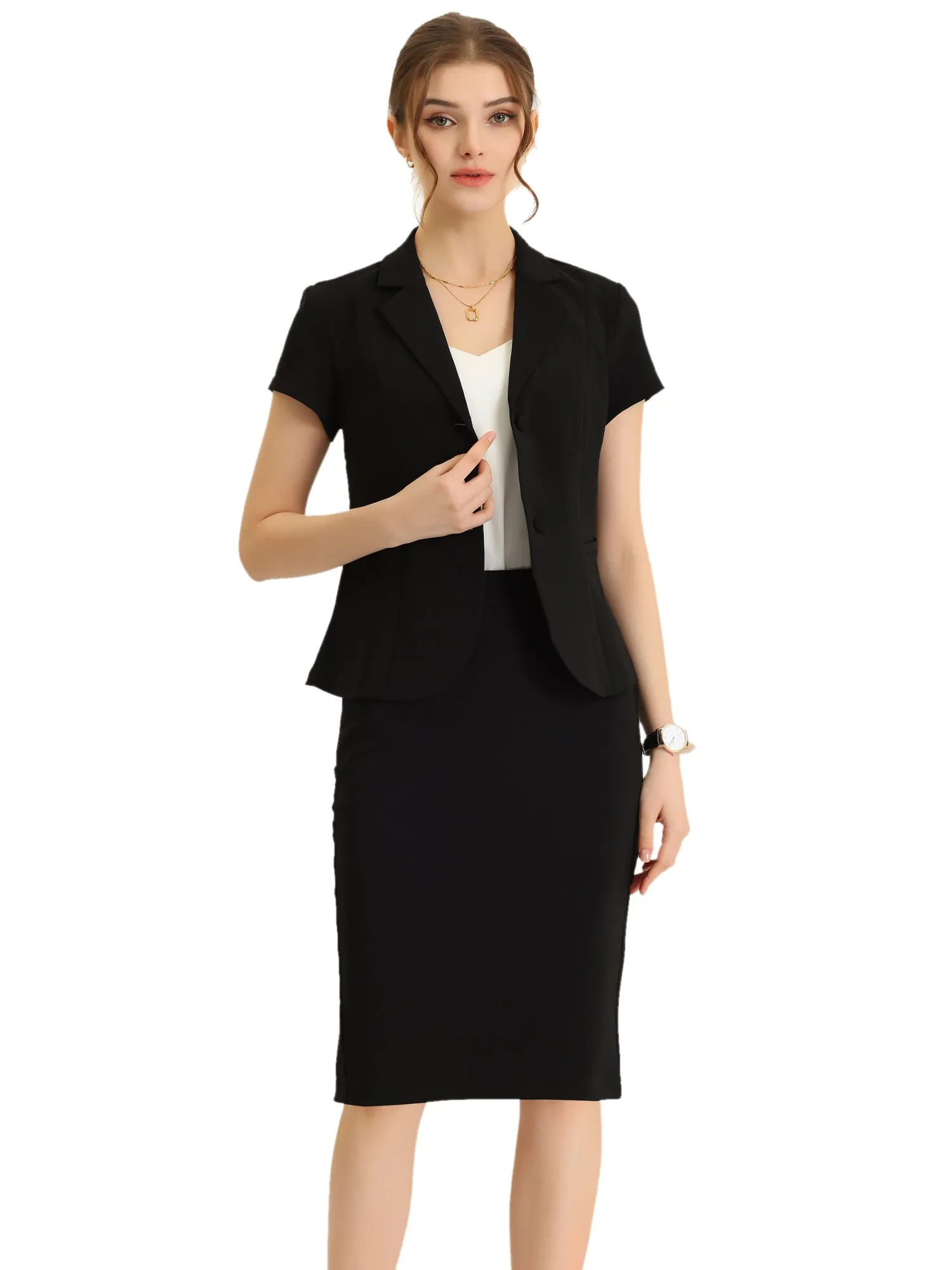 2 Piece Short Sleeve Notched Lapel Blazer Jacket & Pencil Midi Skirt Suit Set