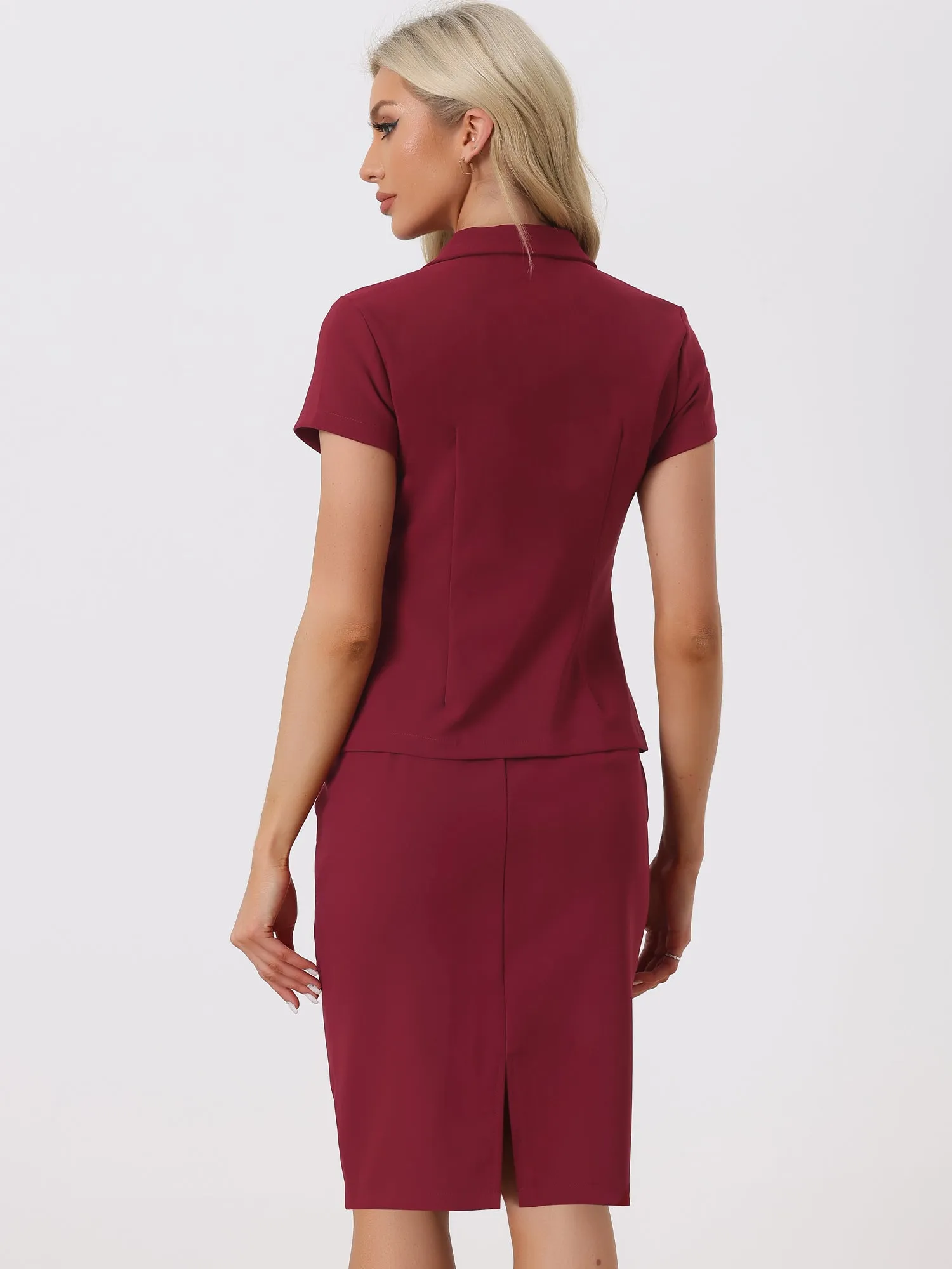 2 Piece Short Sleeve Notched Lapel Blazer Jacket & Pencil Midi Skirt Suit Set
