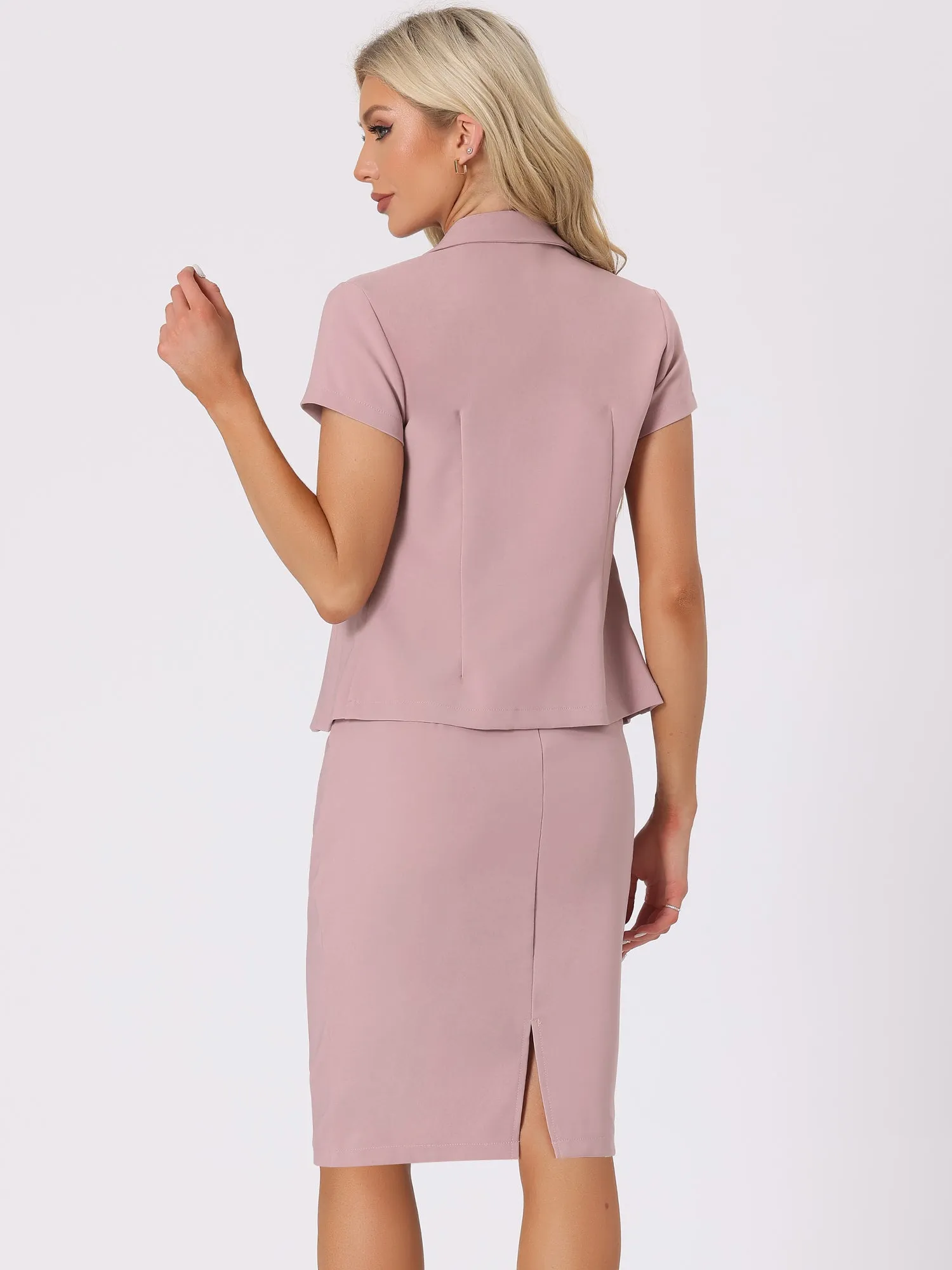 2 Piece Short Sleeve Notched Lapel Blazer Jacket & Pencil Midi Skirt Suit Set