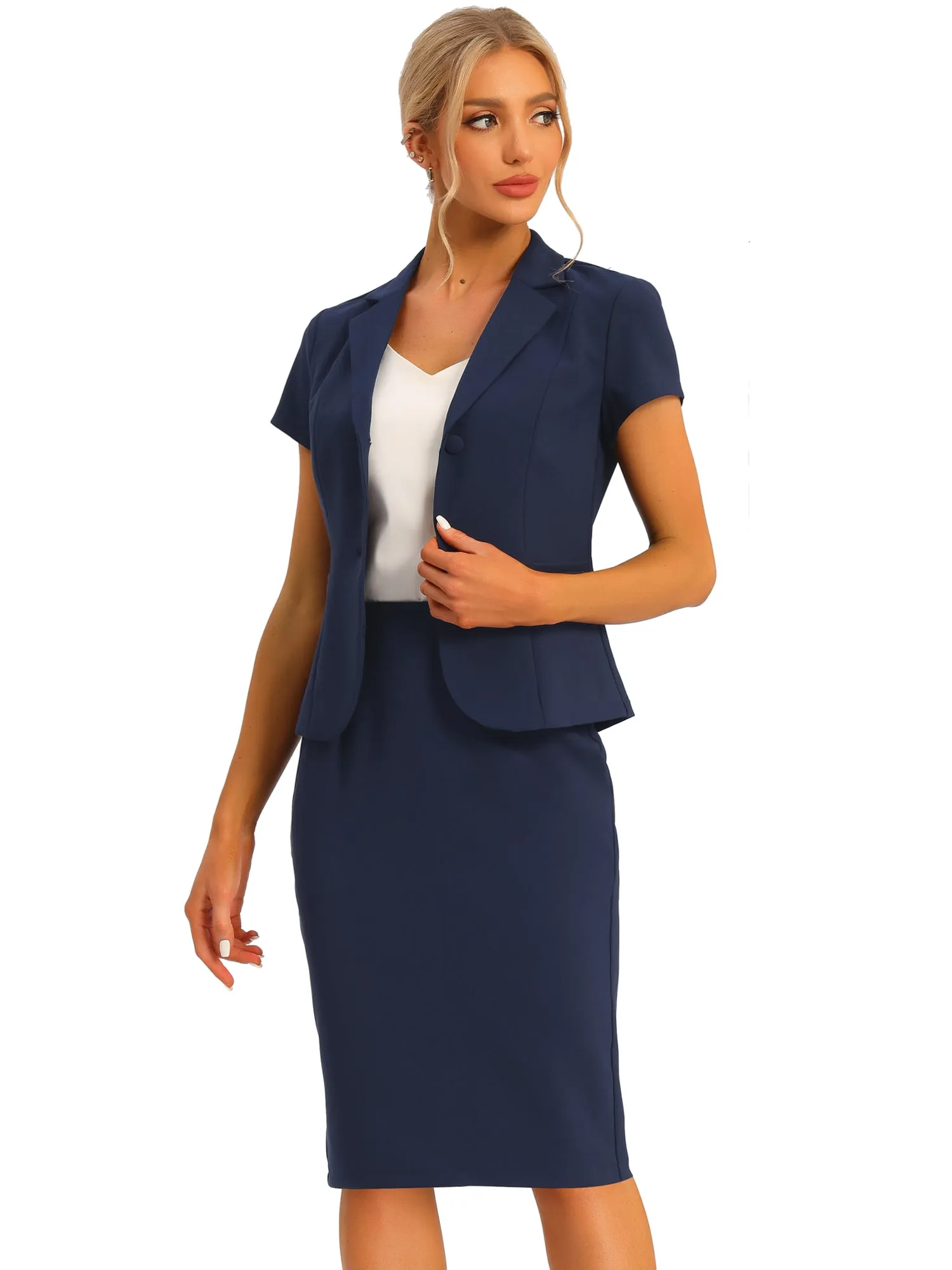 2 Piece Short Sleeve Notched Lapel Blazer Jacket & Pencil Midi Skirt Suit Set