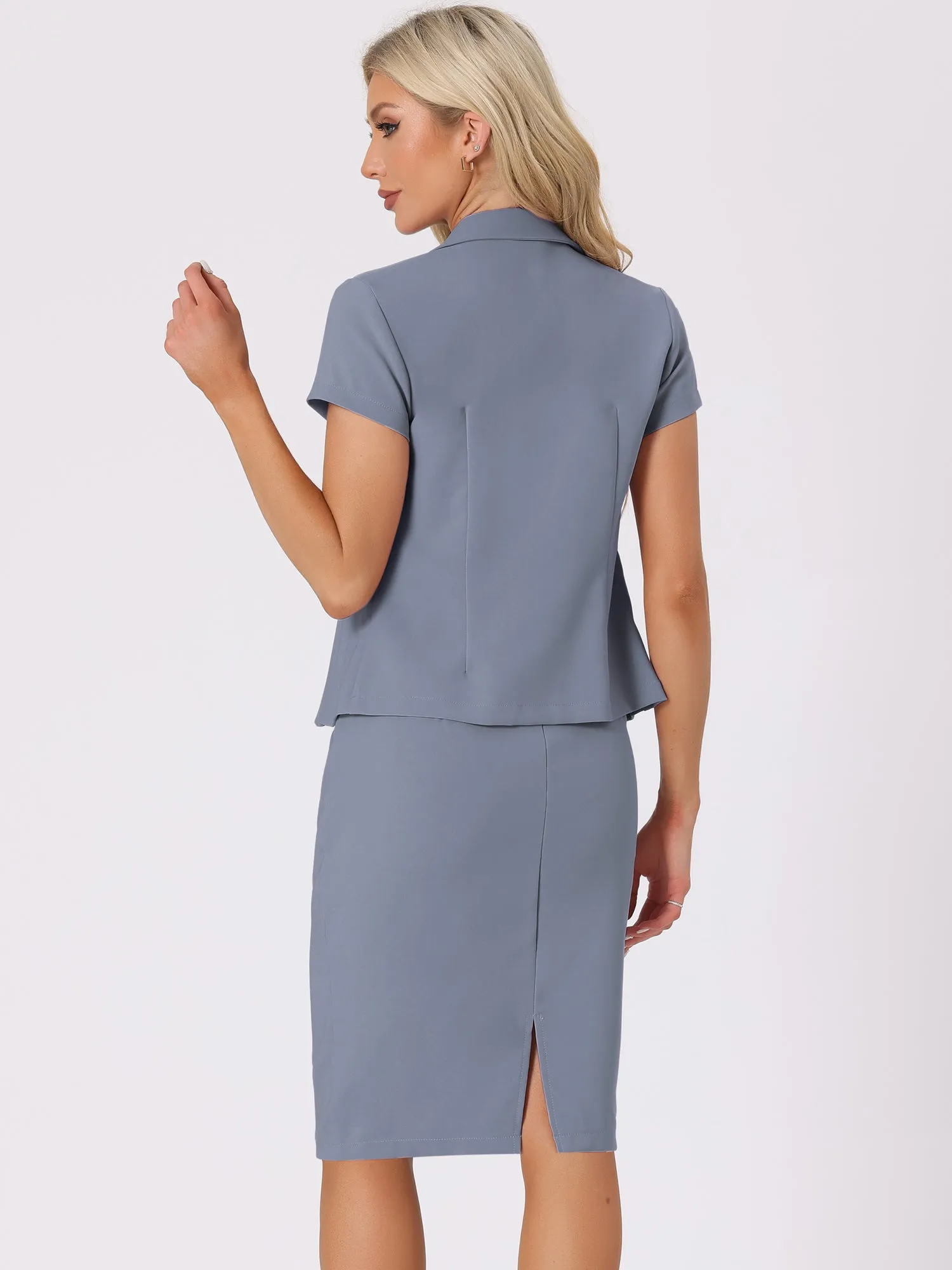 2 Piece Short Sleeve Notched Lapel Blazer Jacket & Pencil Midi Skirt Suit Set