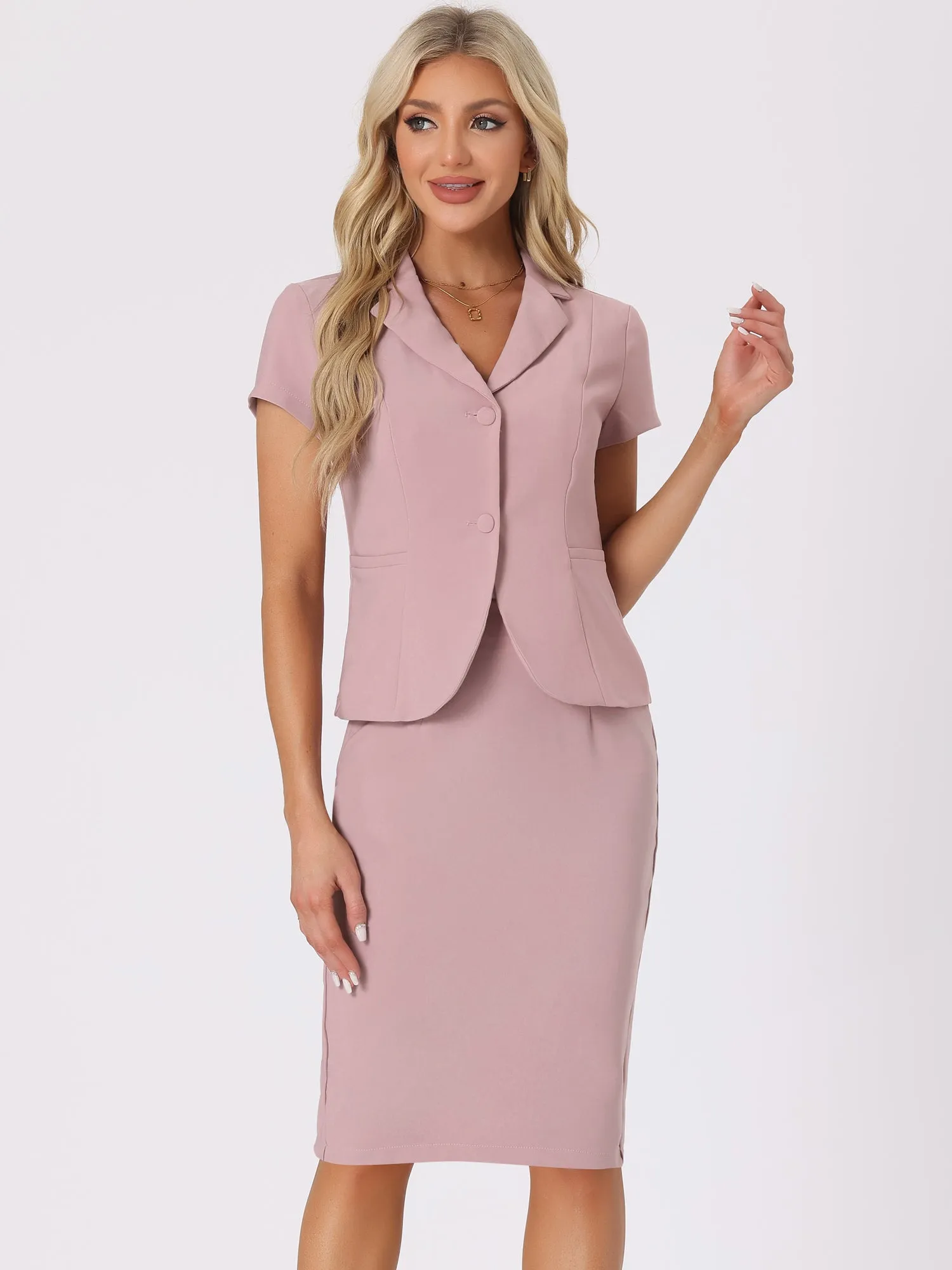 2 Piece Short Sleeve Notched Lapel Blazer Jacket & Pencil Midi Skirt Suit Set