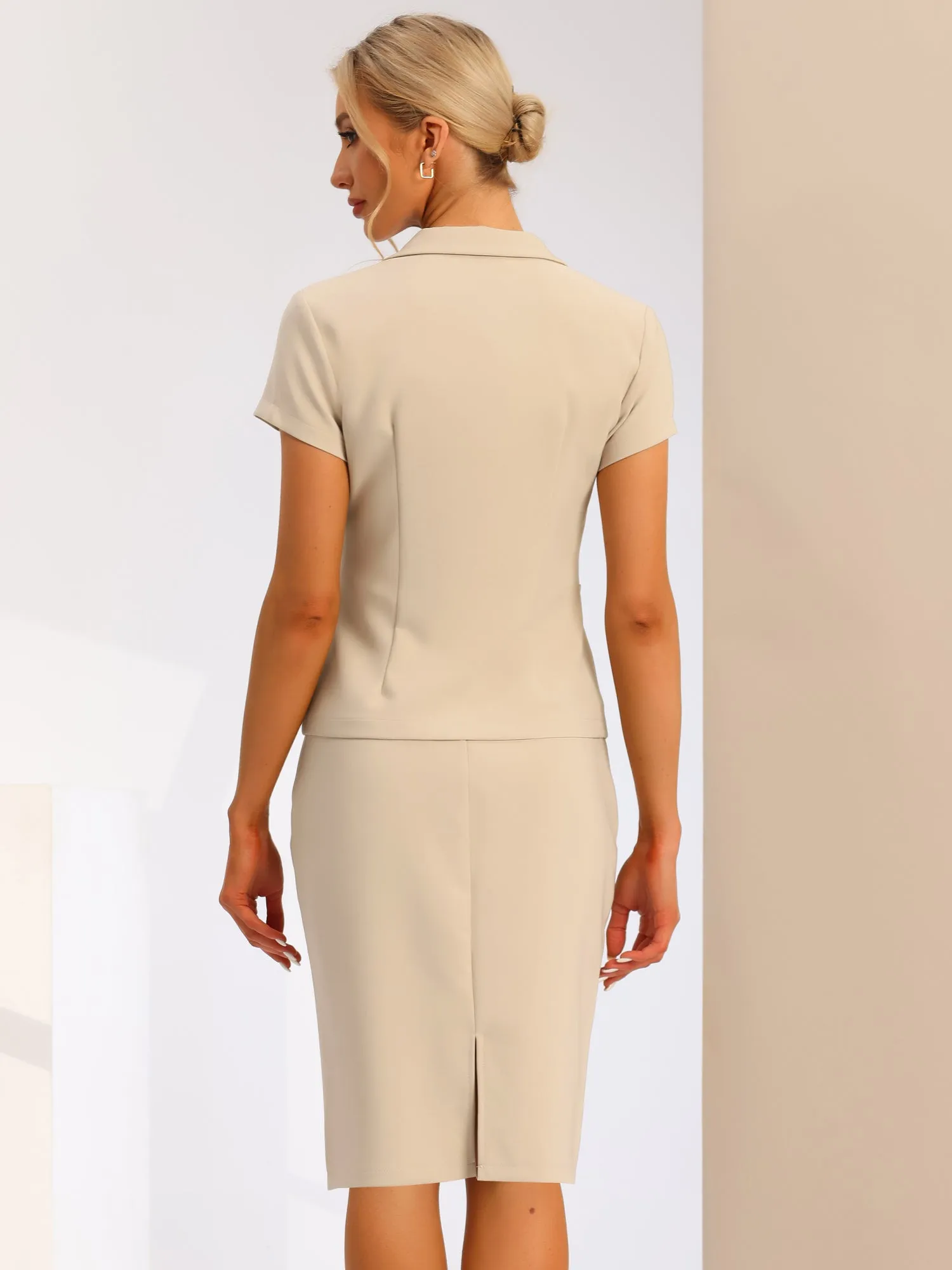 2 Piece Short Sleeve Notched Lapel Blazer Jacket & Pencil Midi Skirt Suit Set
