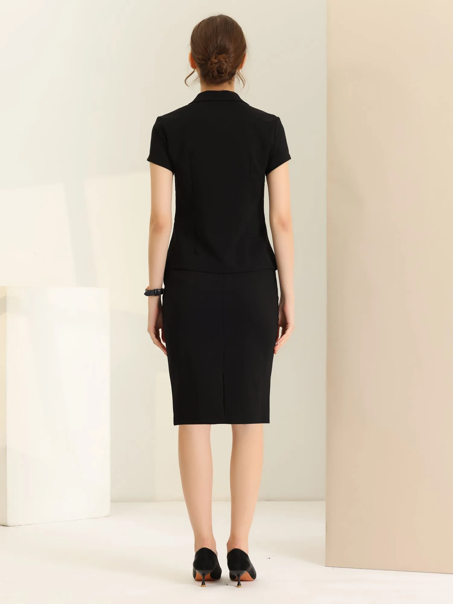 2 Piece Short Sleeve Notched Lapel Blazer Jacket & Pencil Midi Skirt Suit Set