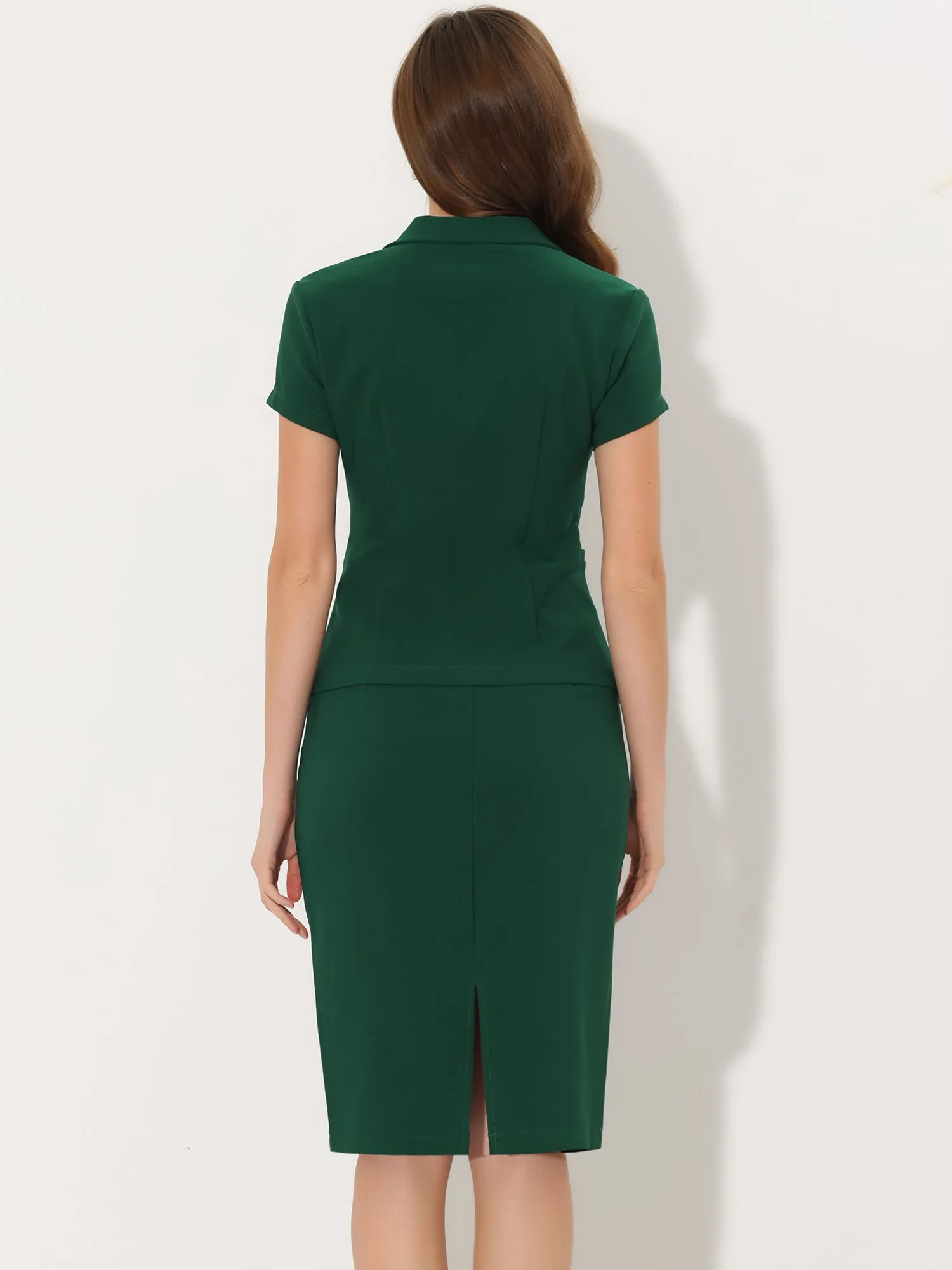 2 Piece Short Sleeve Notched Lapel Blazer Jacket & Pencil Midi Skirt Suit Set