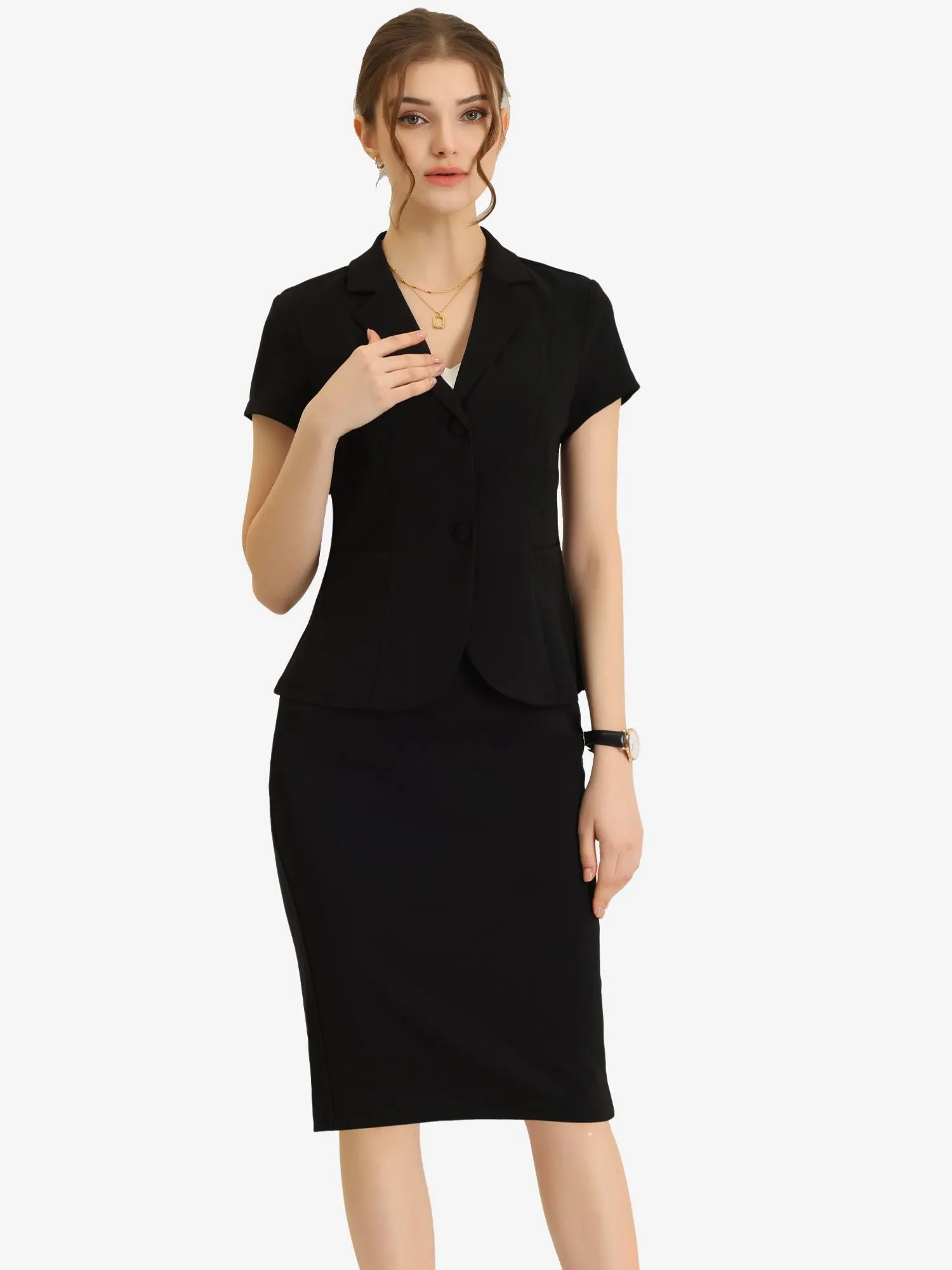 2 Piece Short Sleeve Notched Lapel Blazer Jacket & Pencil Midi Skirt Suit Set