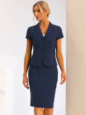 2 Piece Short Sleeve Notched Lapel Blazer Jacket & Pencil Midi Skirt Suit Set