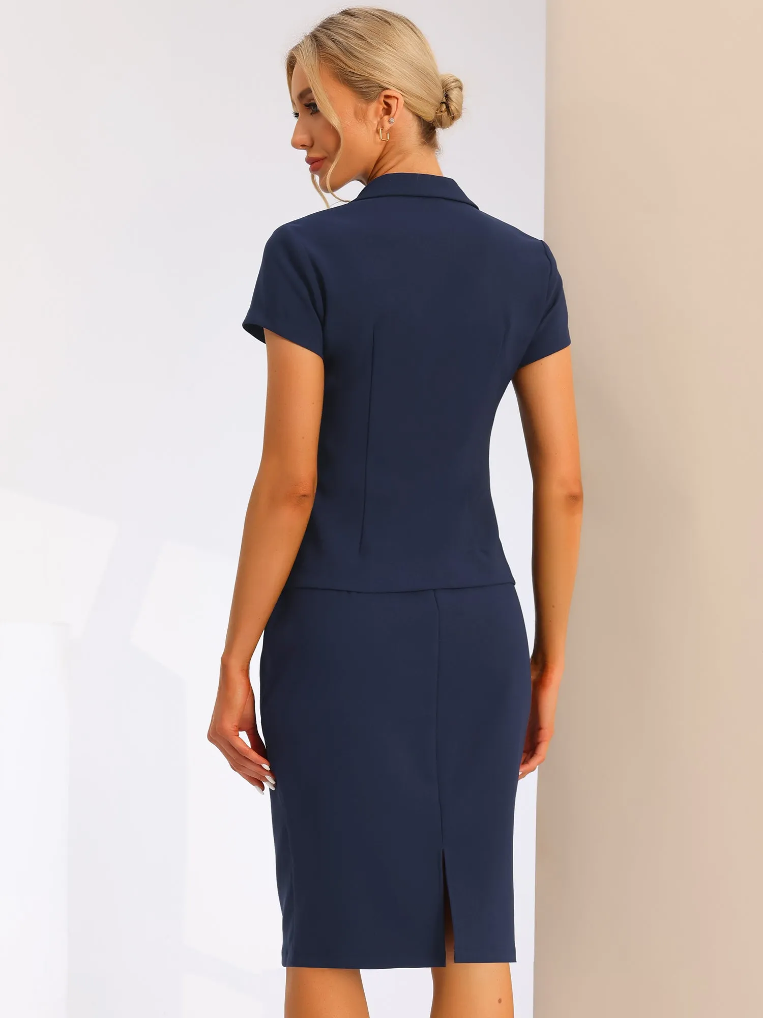 2 Piece Short Sleeve Notched Lapel Blazer Jacket & Pencil Midi Skirt Suit Set