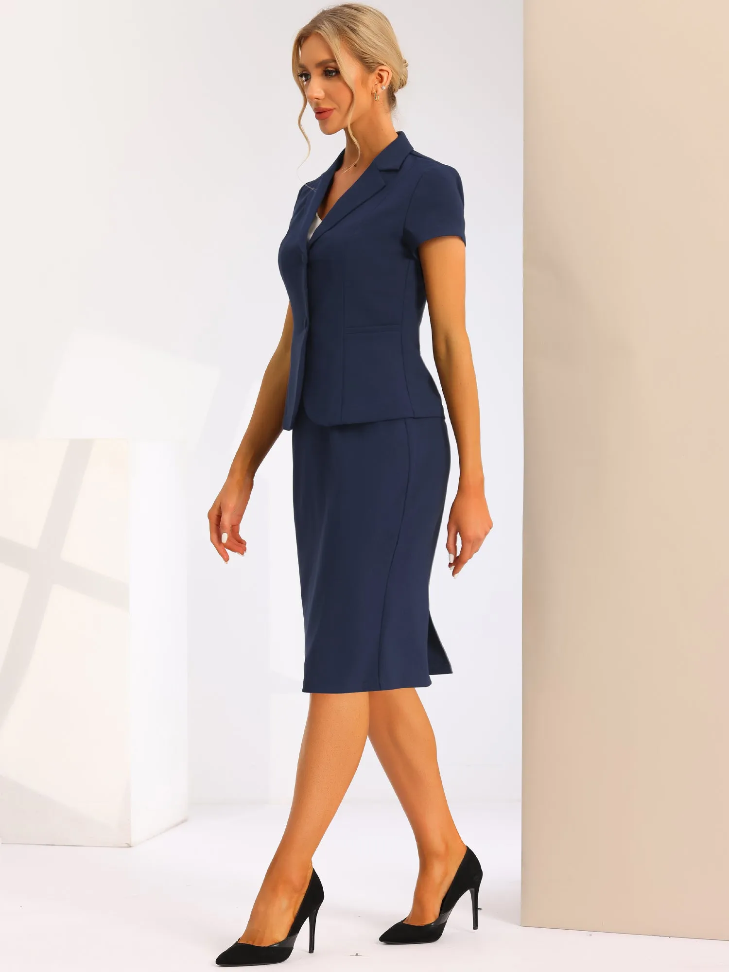 2 Piece Short Sleeve Notched Lapel Blazer Jacket & Pencil Midi Skirt Suit Set
