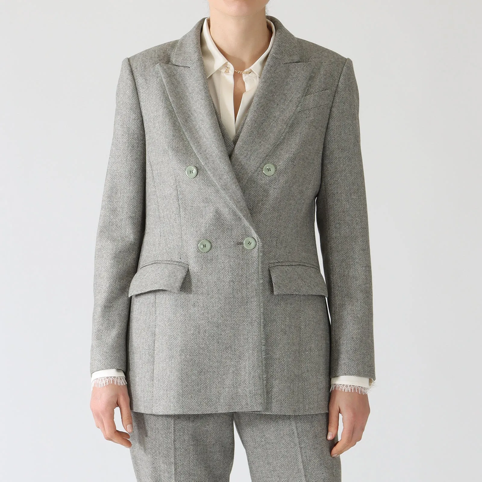 Frozen Sage Herringbone Double Breasted Blazer