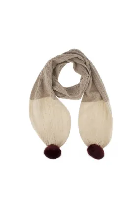 Womens Cable Knit Scarf with Pom Poms - Oatmeal